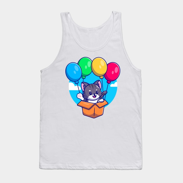 Cute Cat Flying With Cardboard Box And Balloon Cartoon Tank Top by Catalyst Labs